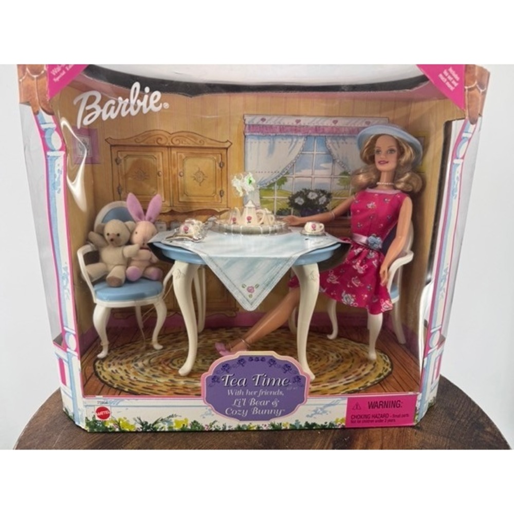 Vintage NEW Mattel Barbie Tea Time Gift Set Pink Floral Dress Bear Bunny - Picture 2 of 12